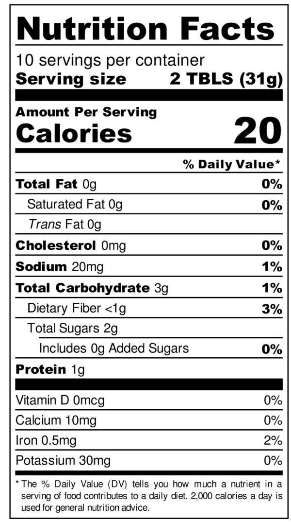 JD's Original Chili Paste - Nutrition Label
